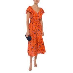Tara Jarmon Short Sleeve Floral V Neck Midi Dress Orange Size 40/Medium